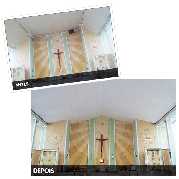 Antes e depois da reforma do forro do espaço celebrativo