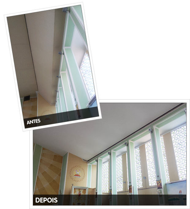 Antes e depois da reforma do forro do espaço celebrativo