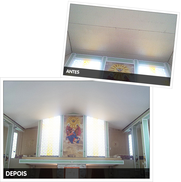 Antes e depois da reforma do forro do espaço celebrativo